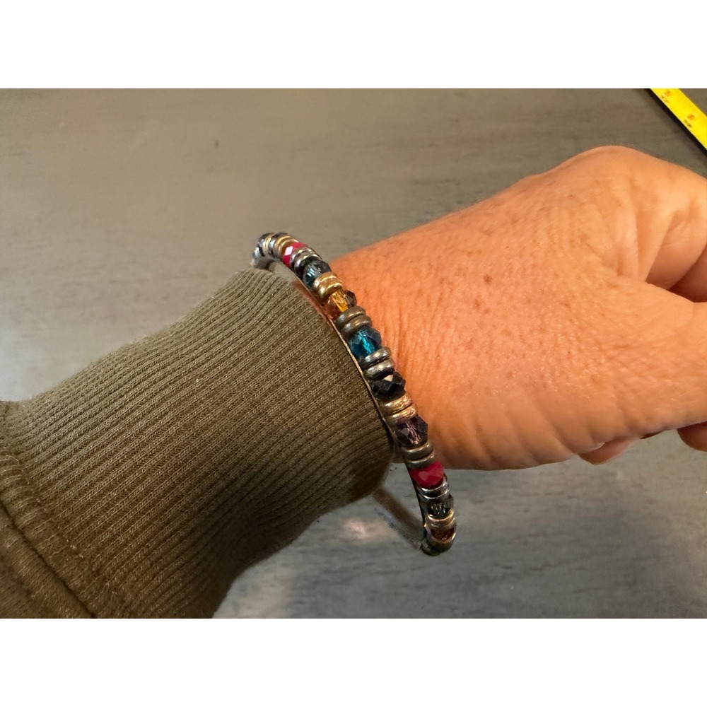 Boho Multi Color Crystal Beaded Bangle Bracelet Antique Brass Silver Tone Spacer